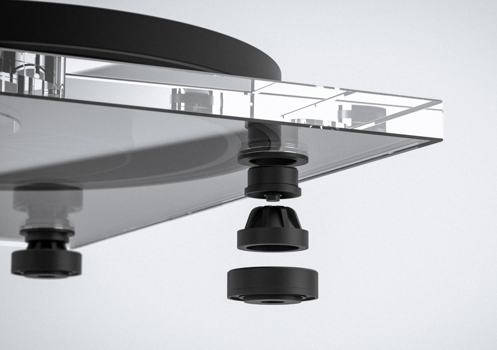 Pro-Ject XA B: Acrylic turntable for high-end sound with a transparent look 8 The new XA B stands on three height-adjustable dampened feet for a perfect stand. (Image: Pro-Ject)
