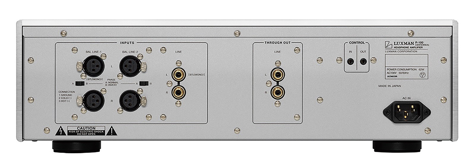 Luxman P-100 Centennial Headphone Amplifier Sets a New Benchmark for Analog Purity 9 The P-100 Centennail features four headphone outputs on the front, i.e. standard 6.35mm unbalanced, 4.4mm balanced, 4-pin XLR and 3-pin XLR for BTL use. Line outputs can be found on the rear.