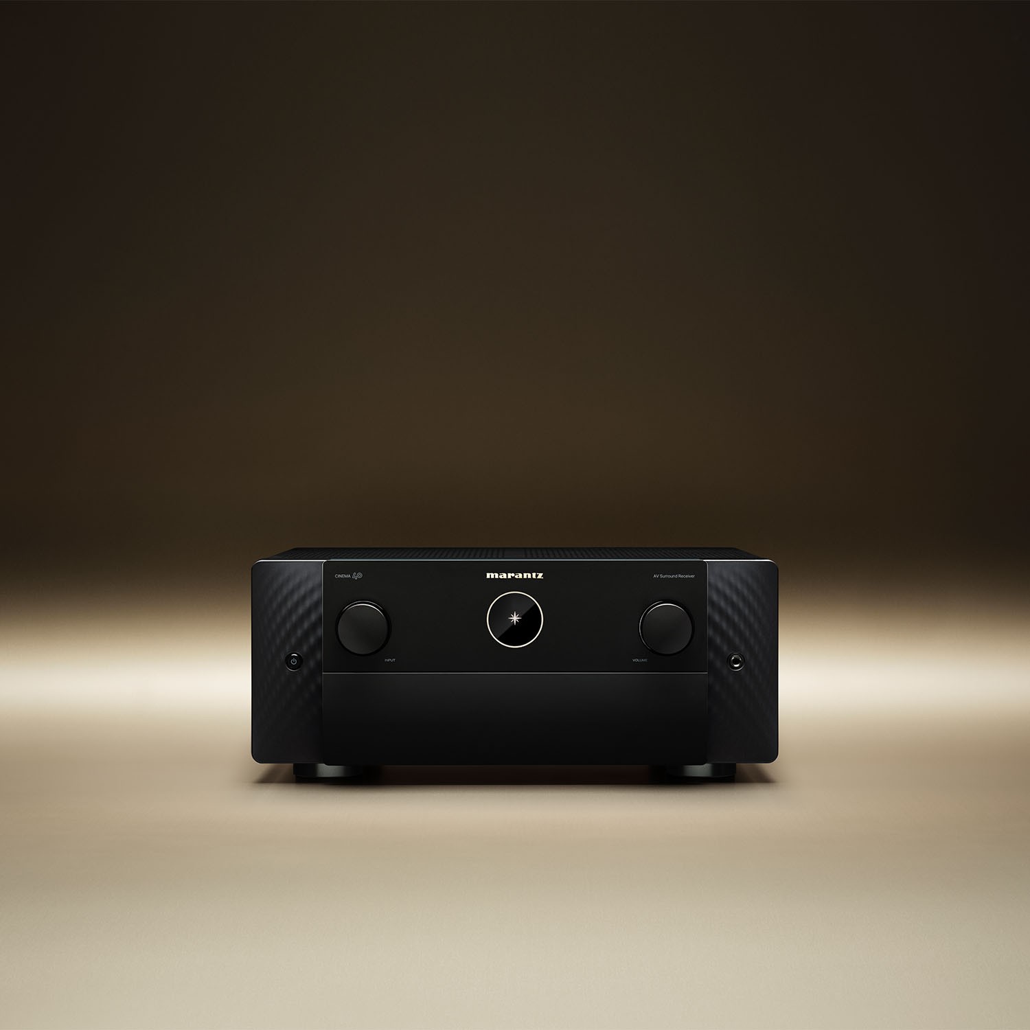 Marantz CINEMA 40: High-End 9.4-Channel AV Receiver with Real Hi-Fi Power 12 The simple and stylish aluminum front is dominated by the golden Marantz logo and the iconic round display, while secondary buttons and the main display are hidden behind an aluminum hatch.