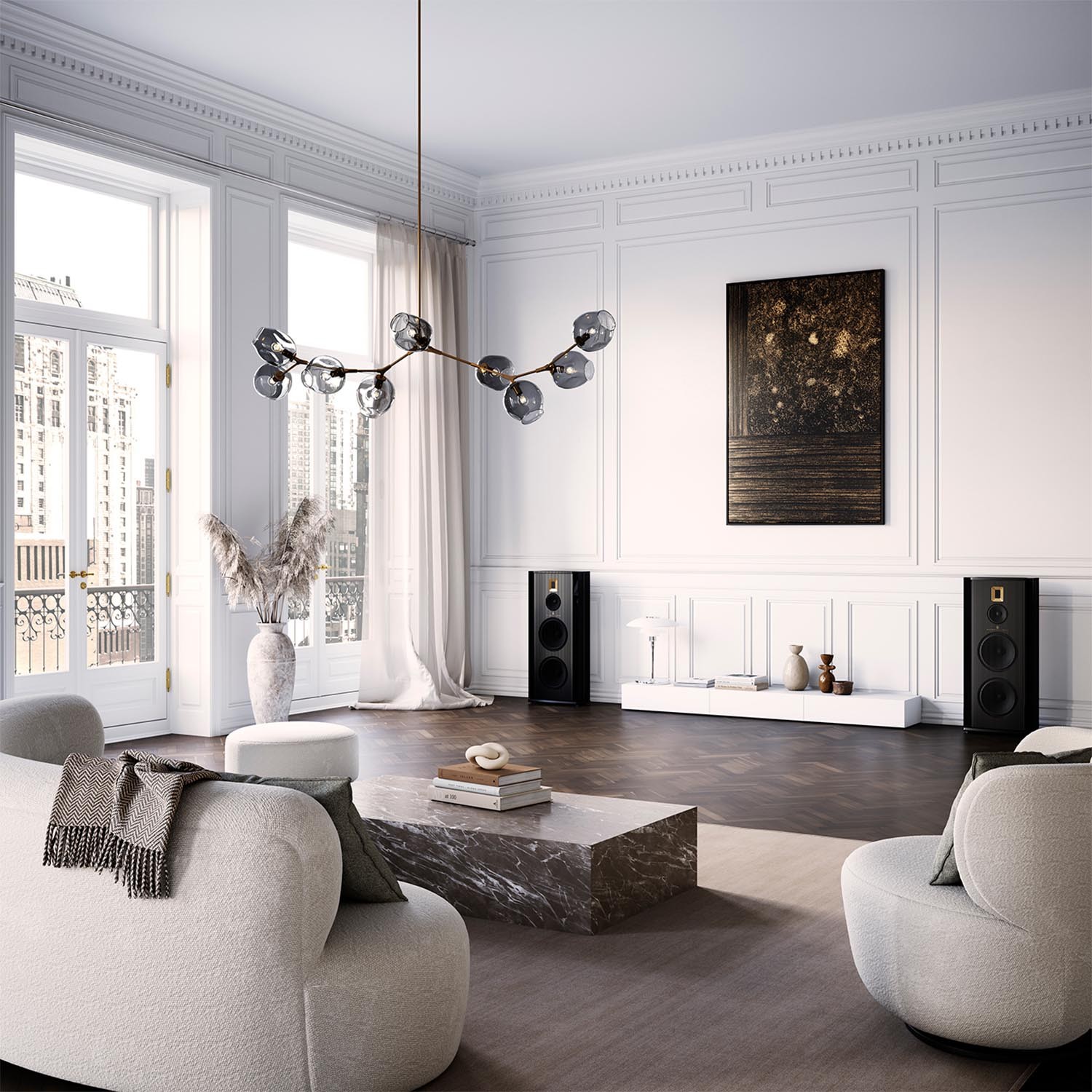In combination with RoomPerfect room correction, this placement provides an incredibly free, deep and dynamic reproduction, which is completely free of "cabinet sound".