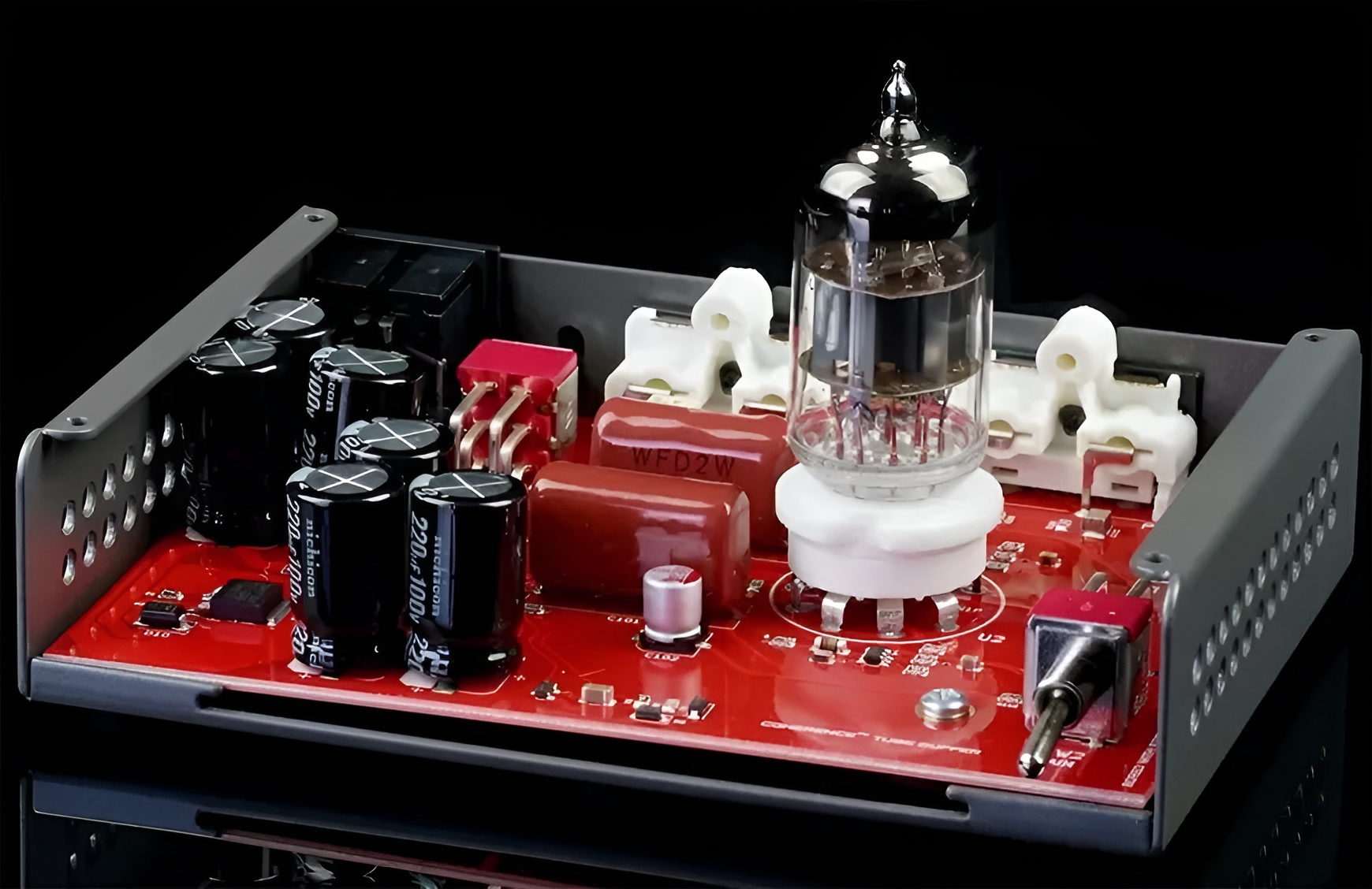 Schiit Buf: $99 Tube Buffer Adds Warm Analog Sound to Any HiFi System 9 Close-up of the Schiit Buf tube stage featuring high-voltage operation and minimalist analog design