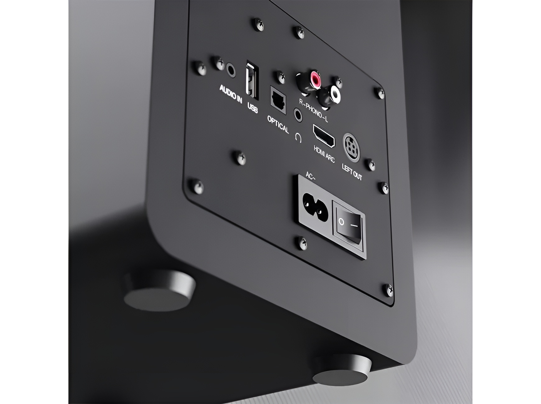 Majority D100X: Wireless Speakers, Entry Level Price, Full System Performance 9 Rear panel of the Majority D100X showing HDMI ARC, optical, RCA, AUX and dedicated phono input